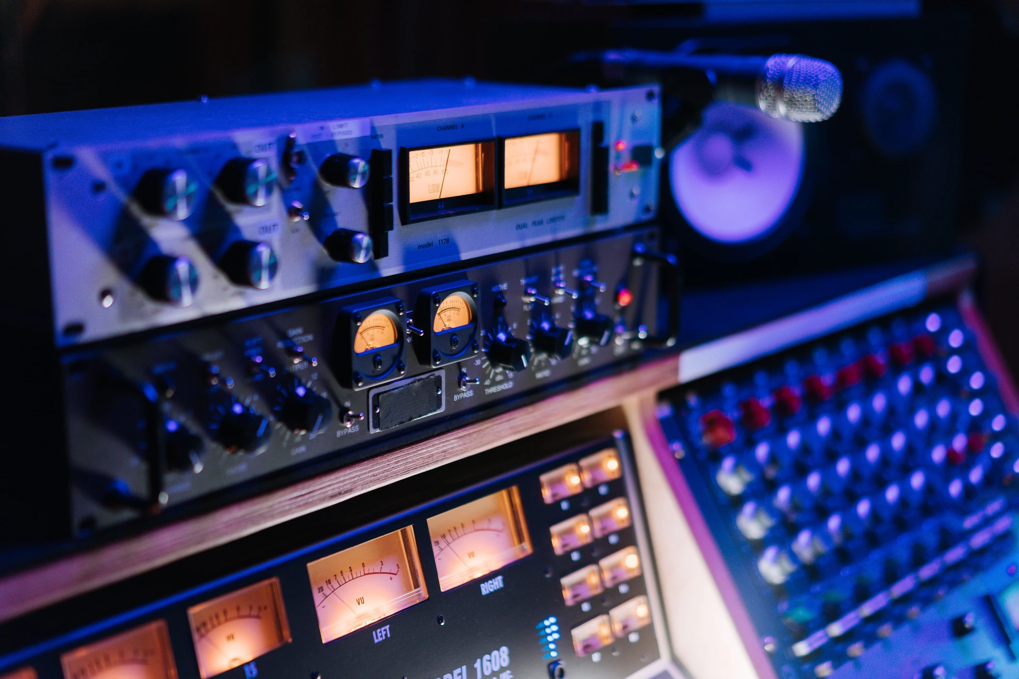 Studio outboard gear and mixing console